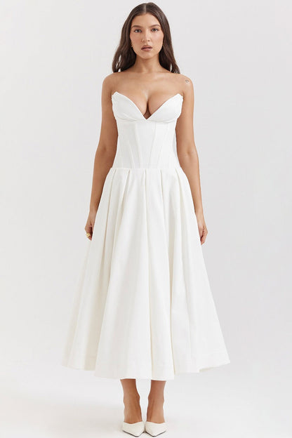 Vestido de fiesta con corsé sin tirantes y corte A