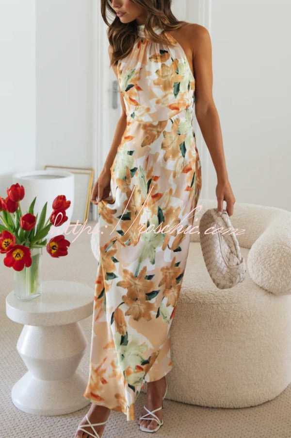Floral Print Sleeveless Halter Neck Tie Holiday Maxi Dress
