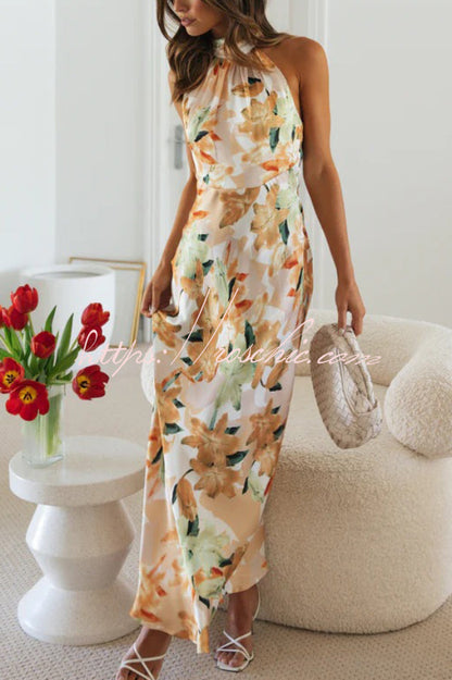 Floral Print Sleeveless Halter Neck Tie Holiday Maxi Dress