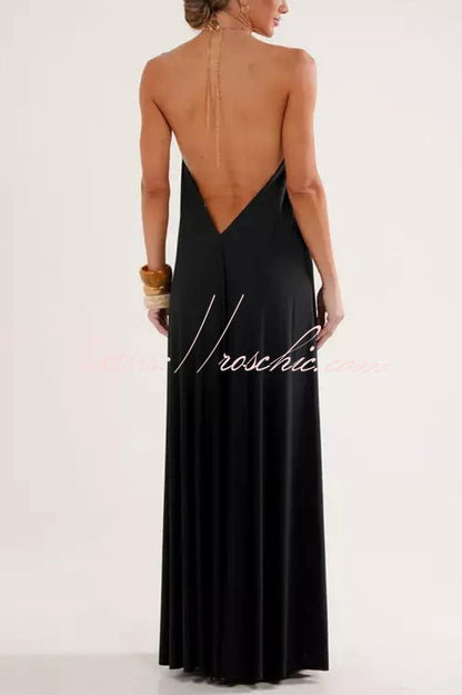 Ocean Goddess Metal Circular Chain Halter Backless Vacation A-line Maxi Dress