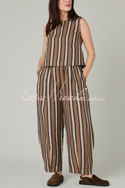 Striped Printed Crew Neck Sleeveless Top and Elastic Waist Wide-leg Pants Set