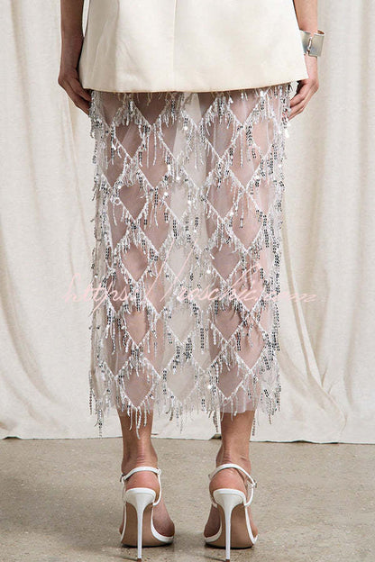 Fashionable Mesh See-through Sequined Tassel Midi Skirt