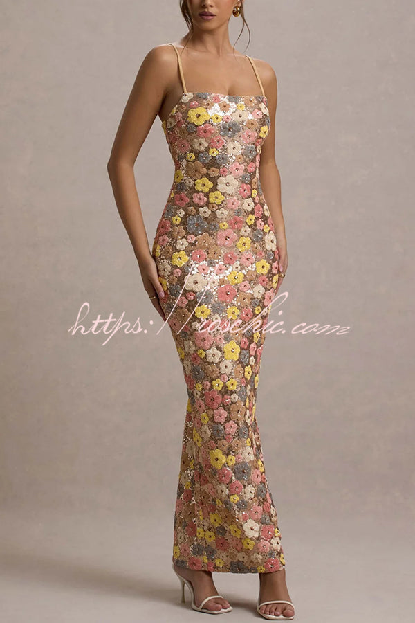 80's Inspired Floral Print Sequin Square Neck Slip Stretch Maxi Dress