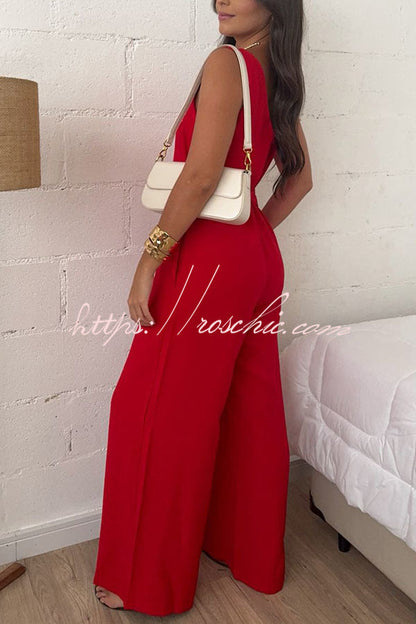 Elaris Linen Blend V-neck Tie-up Waist Pocketed H-line Wide Leg Jumpsuit