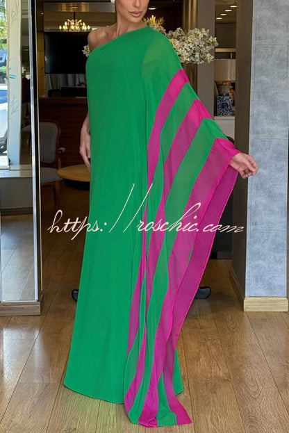 Fashionable Vacation Chiffon Color-blocked One Shoulder Loose Maxi Dress