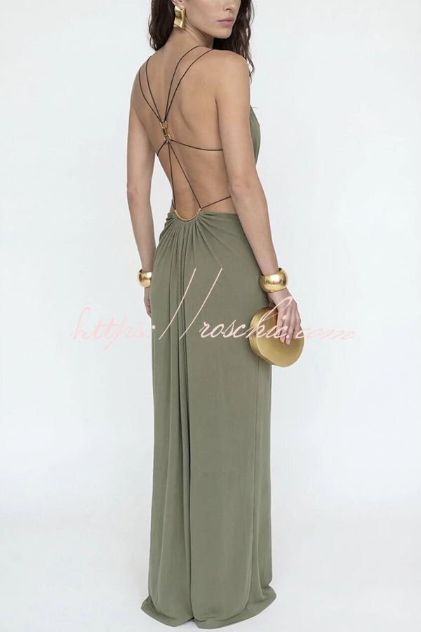 Athena Metal-Link Cutout Design Back Lace-up Drape Maxi Dress