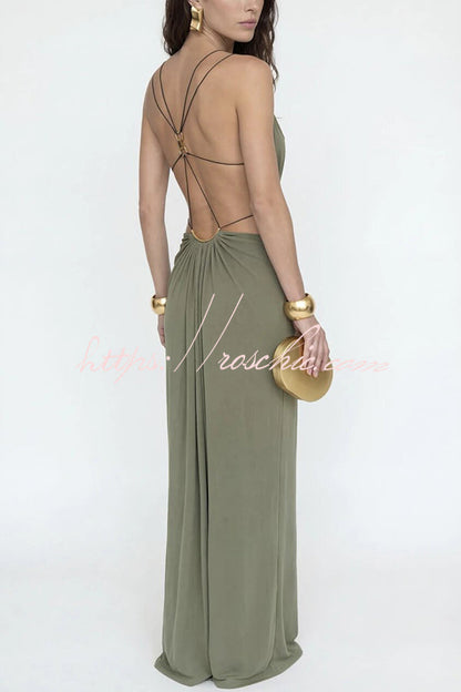 Athena Metal-Link Cutout Design Back Lace-up Drape Maxi Dress