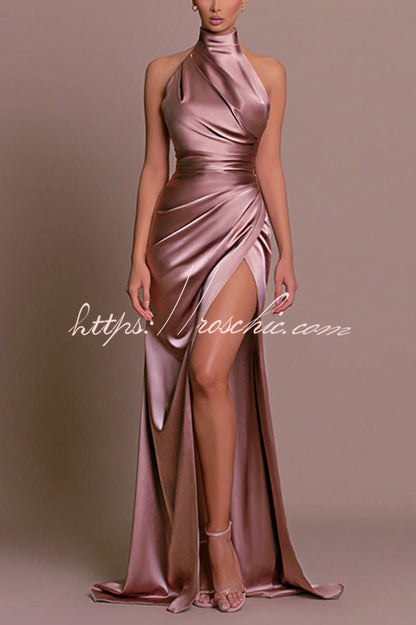 Satin Sexy Halter Neck Sleeveless High Slit Slim Maxi Dress