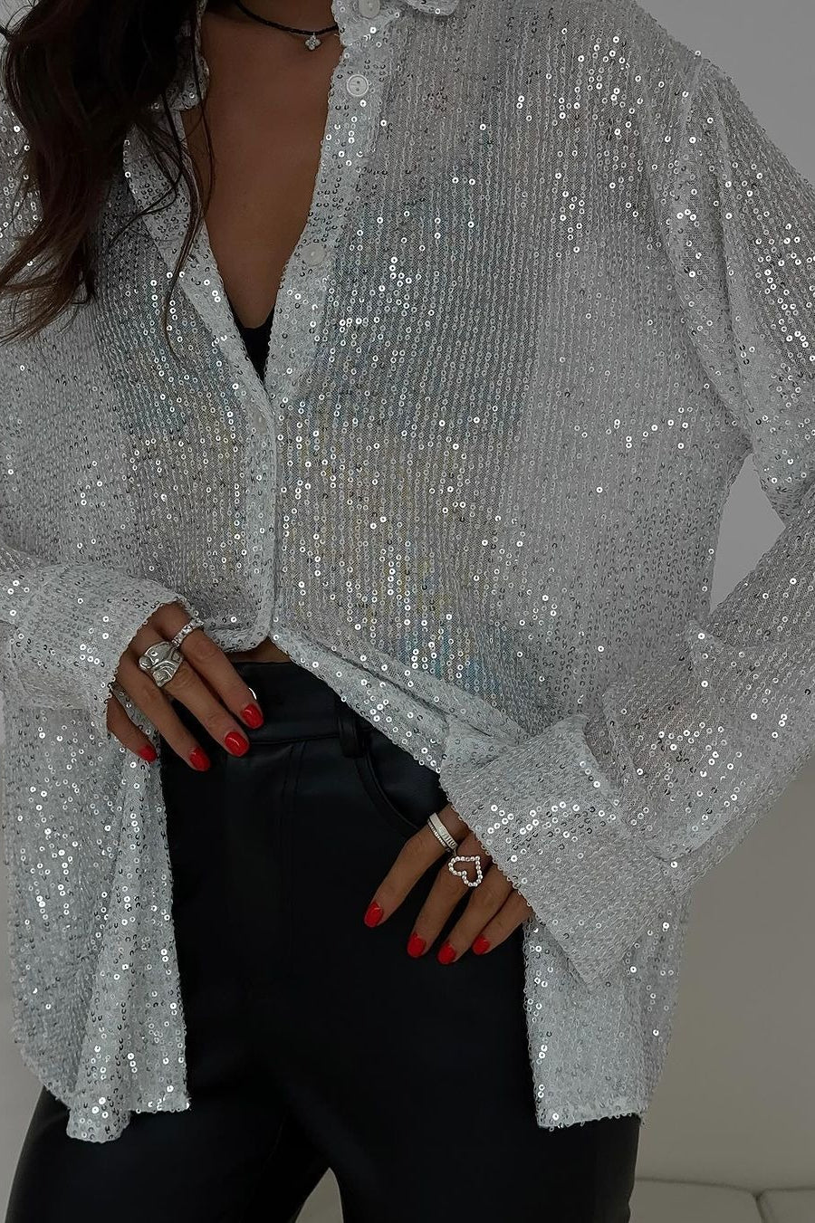 Sequin Collared Long Sleeve  Glamorous Blouse