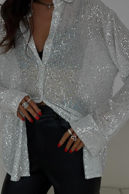 Sequin Collared Long Sleeve  Glamorous Blouse