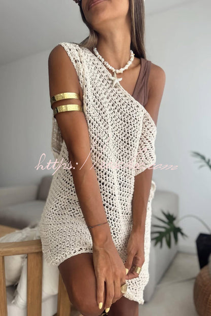 Fashionable Loose-fitting Openwork Sleeveless Casual Knitted Cover-up Mini Dress