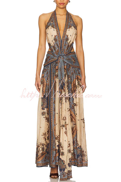 Chapel Linen Blend Floral Print Cutout Tie-up Waist Pocket Halter Backless Maxi Dress