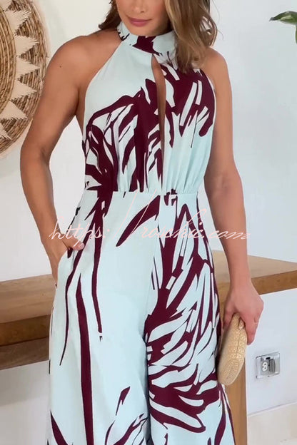 Printed Hollow Halter Sleeveless Waisted Wide Leg Jumpsuit