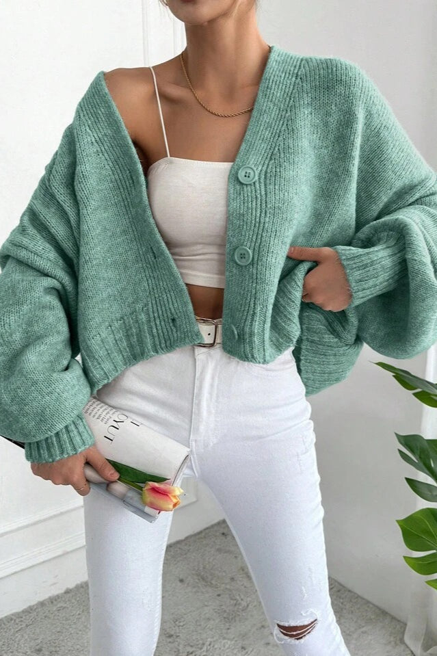 Marled V Neck Bell Sleeve Cardigan