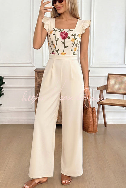 Floral Embroidered Ruffle Trim Jumpsuit
