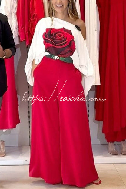 Elegant Rose Print Long Sleeve Belted Wide Leg Pants Suit