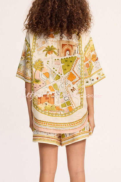 Tropical Vegetation Print Loose Button Elastic Waist Shorts Set