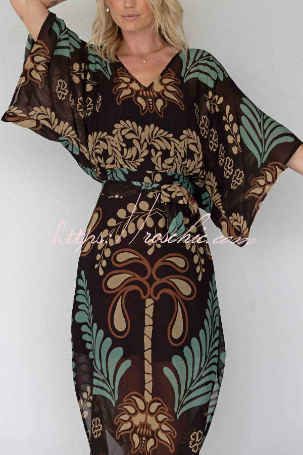 Bohemian Style Unique Printed Chiffon Loose-fitting Belted Maxi Dress