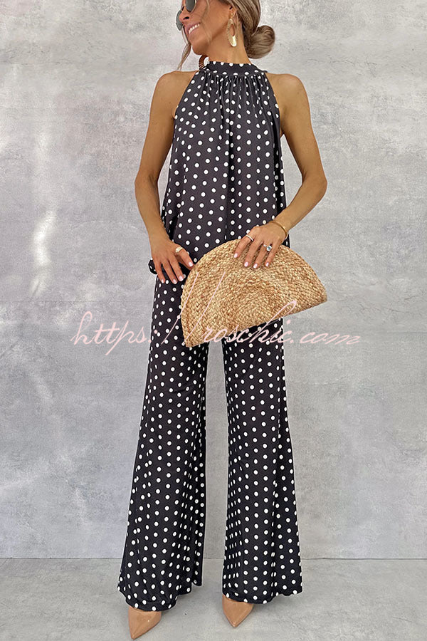 Imanie Polka Dot Print Back Tie-up Tank and Elastic Waist Wide Leg Pants Set