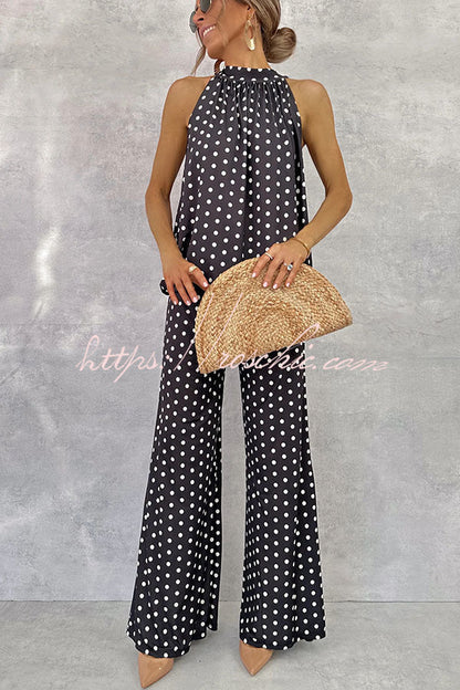 Imanie Polka Dot Print Back Tie-up Tank and Elastic Waist Wide Leg Pants Set