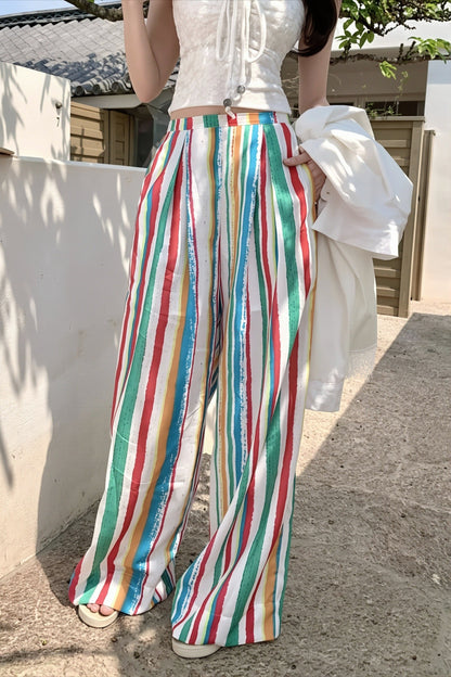 Pantalones boho de cintura alta a rayas de colores