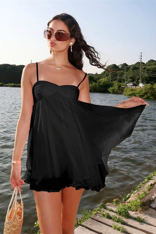 Minivestido camisola de chifón fluido con hombros descubiertos