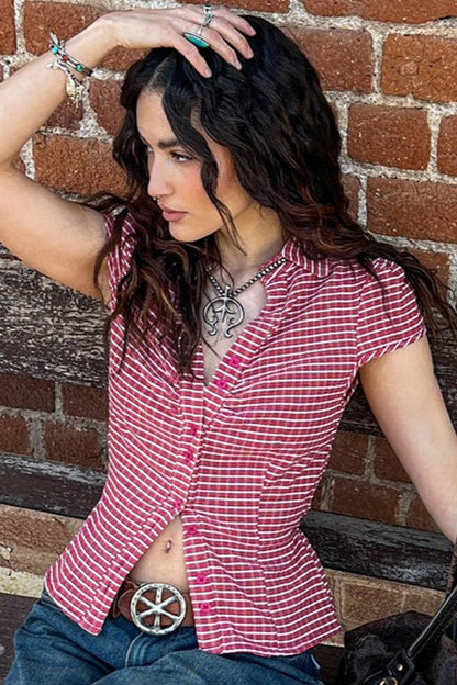Plaid Button Front Fitted T-Shirt