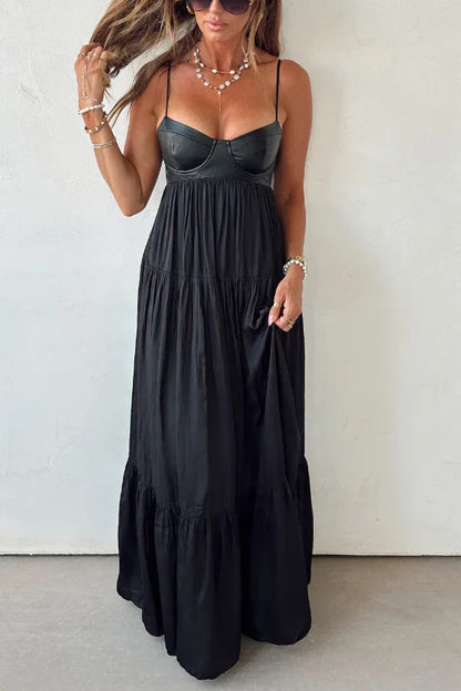 Stylish Leather Patchwork Suspender Casual Vacation Style Maxi Dresses