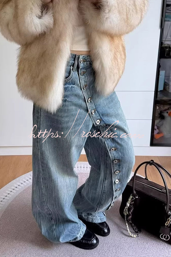 Diagonal Placket Button-down Jeans