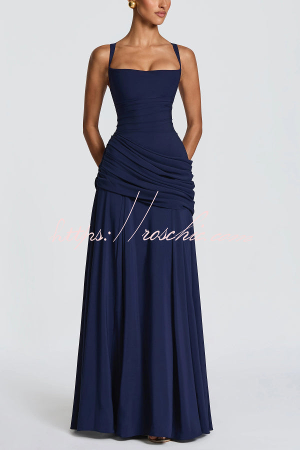 Stylish Spaghetti Strap Square Neck Slim-fit Elegant Pleated Maxi Dress