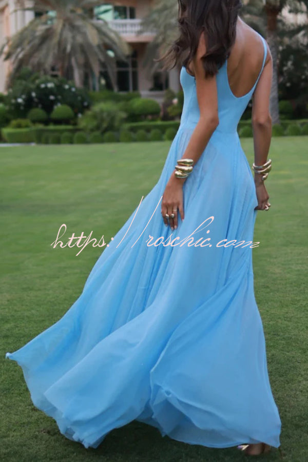 Solid Color V-neck Sleeveless Slim-fit Elegant Mesh Maxi Dress