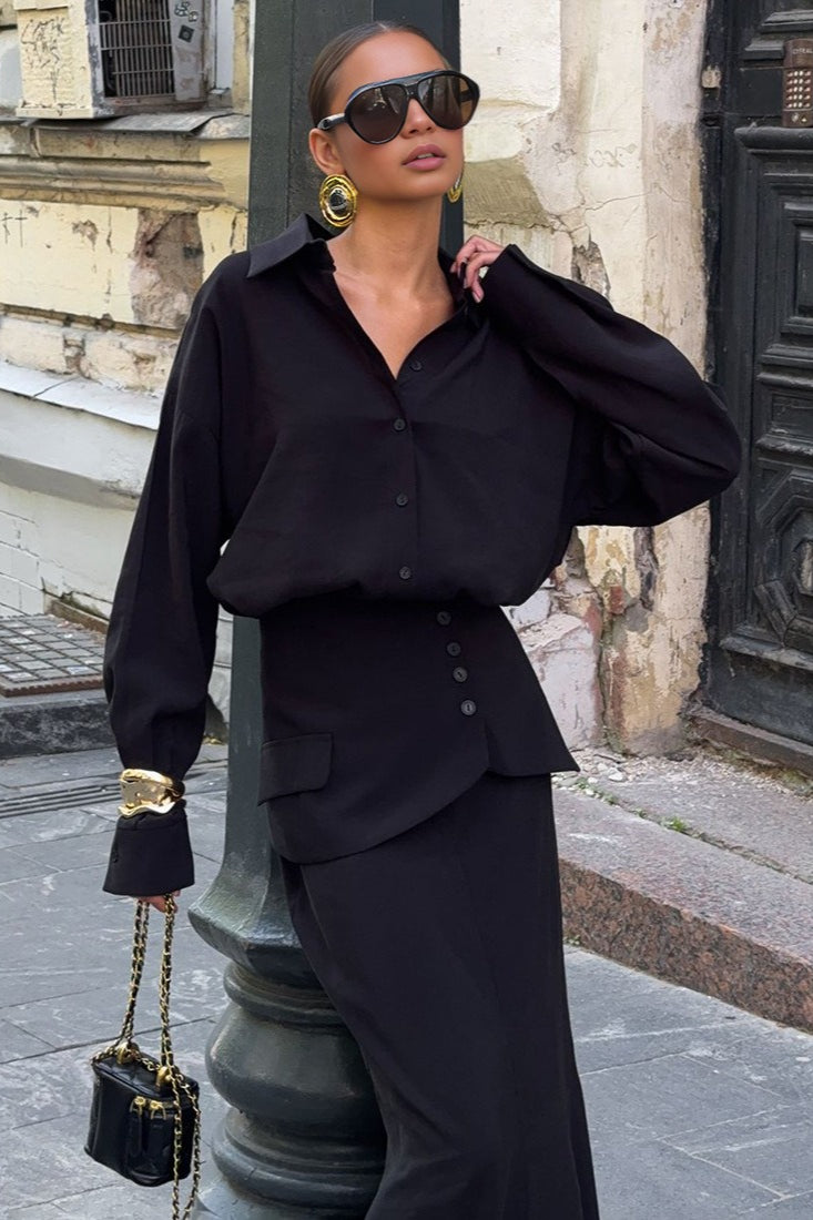 Elegant Creative Street Style Solid Long Sleeve Shirtdress Two Piece Set