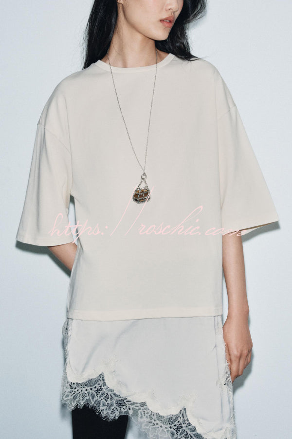 Stylish Round Neck Short-sleeved Patchwork Lace Hem Loose T-shirt