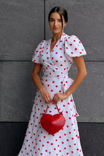 Puff Sleeve Floral Midi Wrap Dress