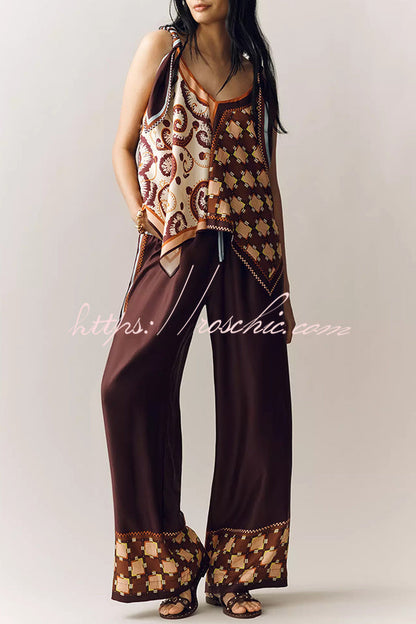 Wilson Satin Unique ColorBlock Print Scarf Top and Elastic Waist Pocket Wide Leg Pants Set