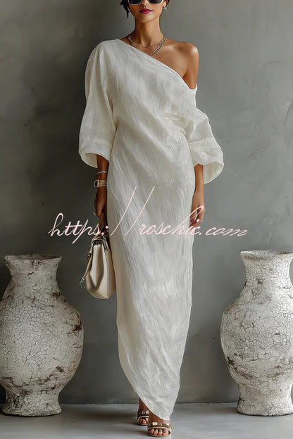 Linen Blend Loose-fitting One-shoulder Lantern Sleeve Casual Pocket Maxi Dress