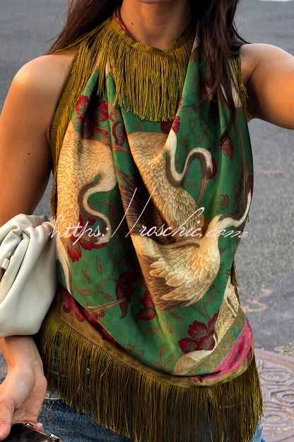 Like An Artwork Satin Color-block Crane Print Tassel Trim Halter Backless Tank