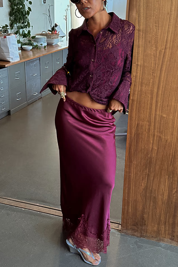Sunday Social Contrast Color Satin Lace Trim Mid Rise Maxi Skirt (Shipped Within 24 Hours)
