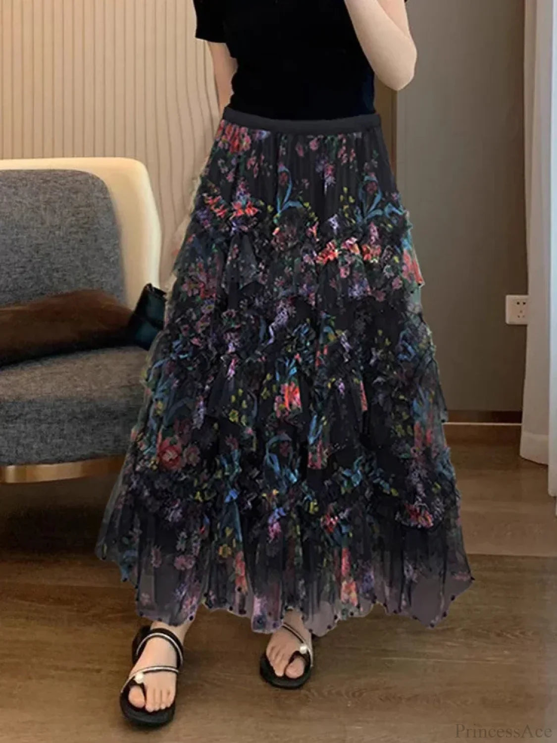 Beading Elegant Asymmetrical Mesh Tulle Skirt