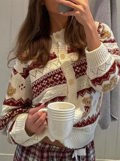 Bear Print Long Sleeve Button-Down Cardigan