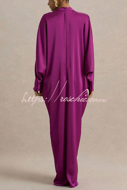 Tina Satin Plunge V-neck Gold Trim Detail Long Batwing Sleeve Maxi Dress