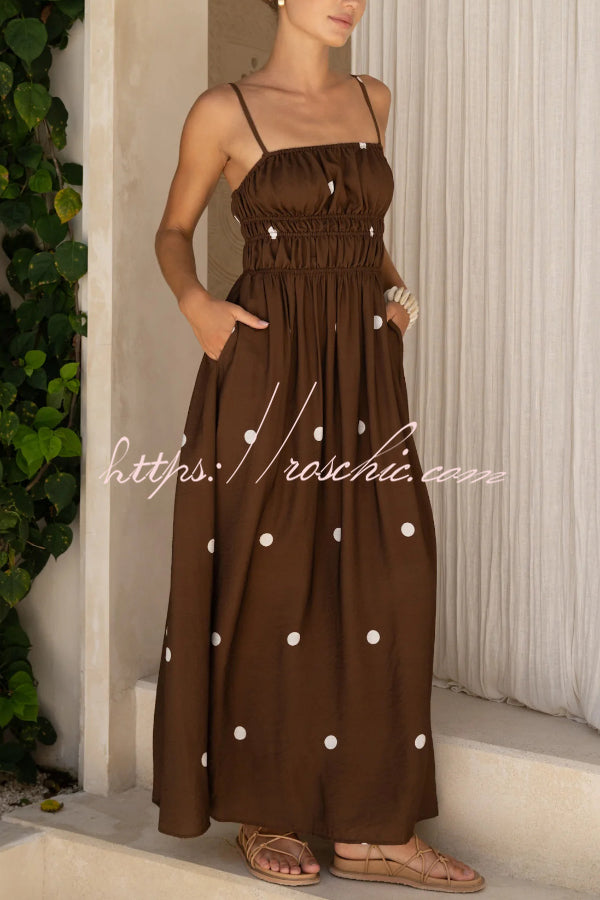 Polka Dot Print Spaghetti Strap Pleated Waist Casual Pocket Maxi Dress