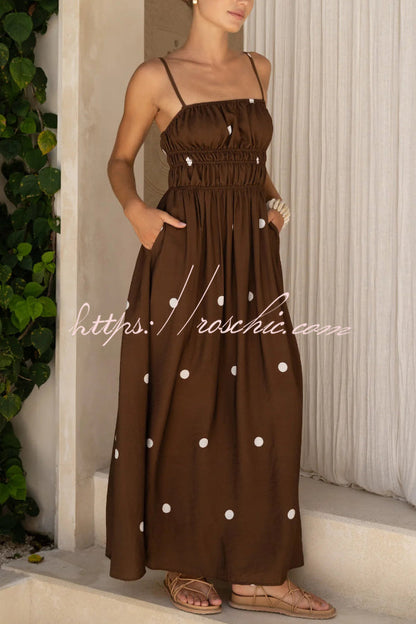 Polka Dot Print Spaghetti Strap Pleated Waist Casual Pocket Maxi Dress
