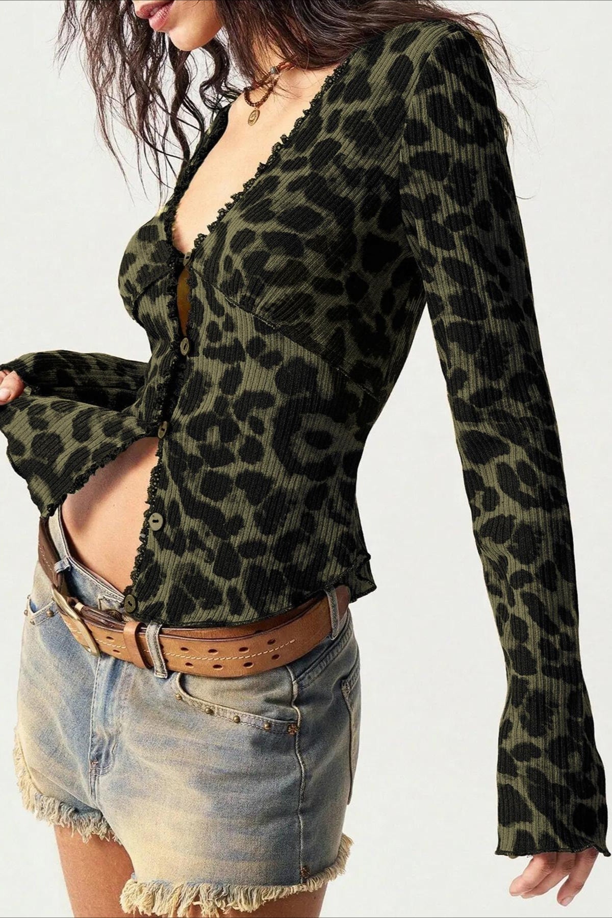 Leopard Print Mesh Button Front Crop Top