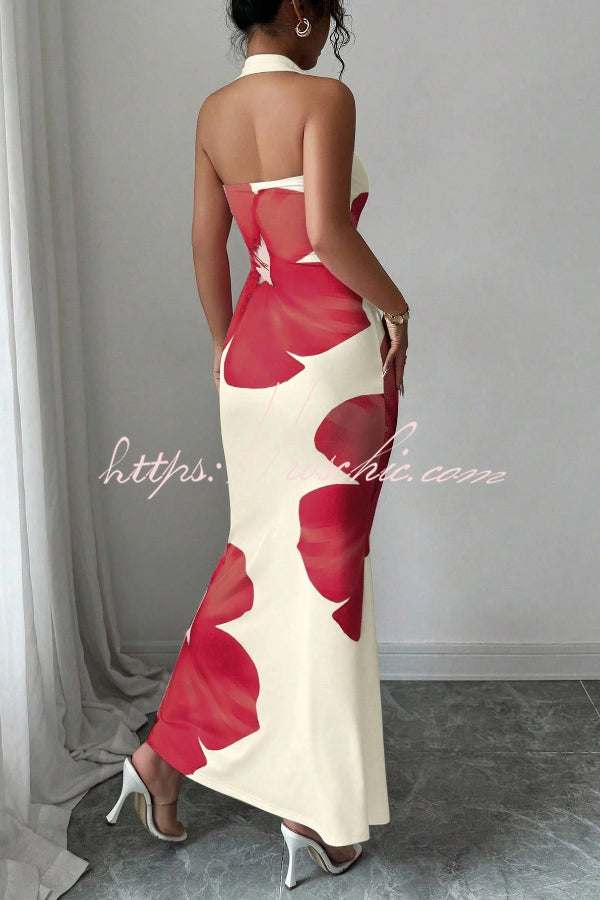 Floral Print Halter Neck Backless Slim-fit Maxi Dress
