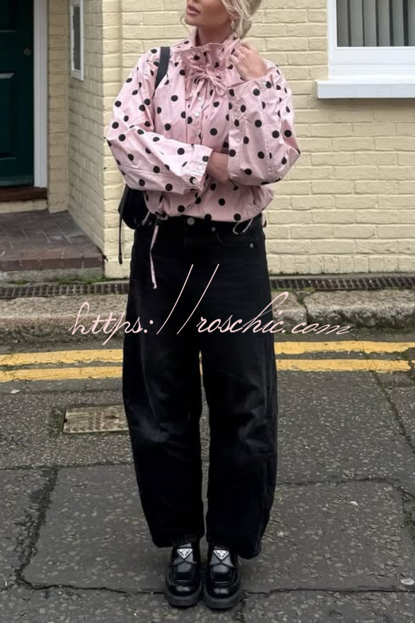 Polka Dot Print Loose Stand Collar Button Bow Tie Casual Long-sleeved Jacket