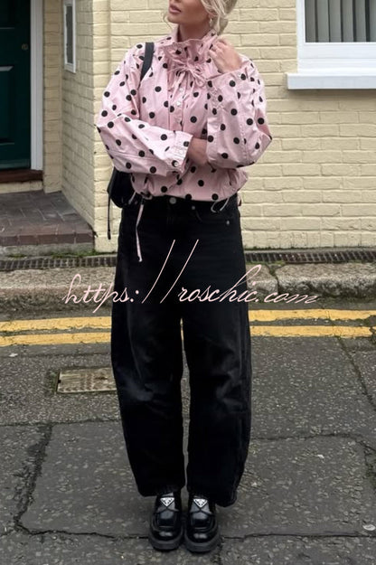 Polka Dot Print Loose Stand Collar Button Bow Tie Casual Long-sleeved Jacket