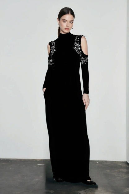 Rhinestone Off Shoulder Turtleneck Bodycon Dress