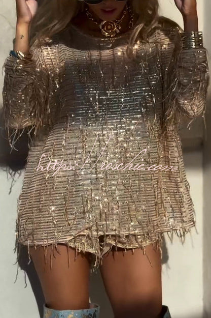 Fashion Sequin Round Neck Long Sleeve Tassel Top and Elastic Waist Casual Shorts Set