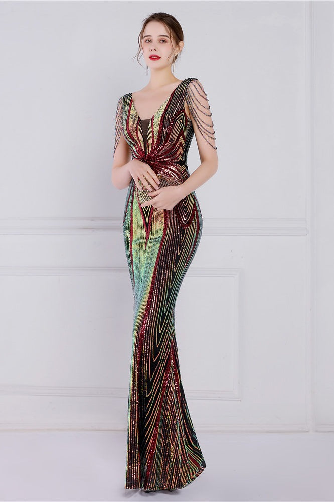 Vestido de fiesta de sirena con lentejuelas florales y pedrería